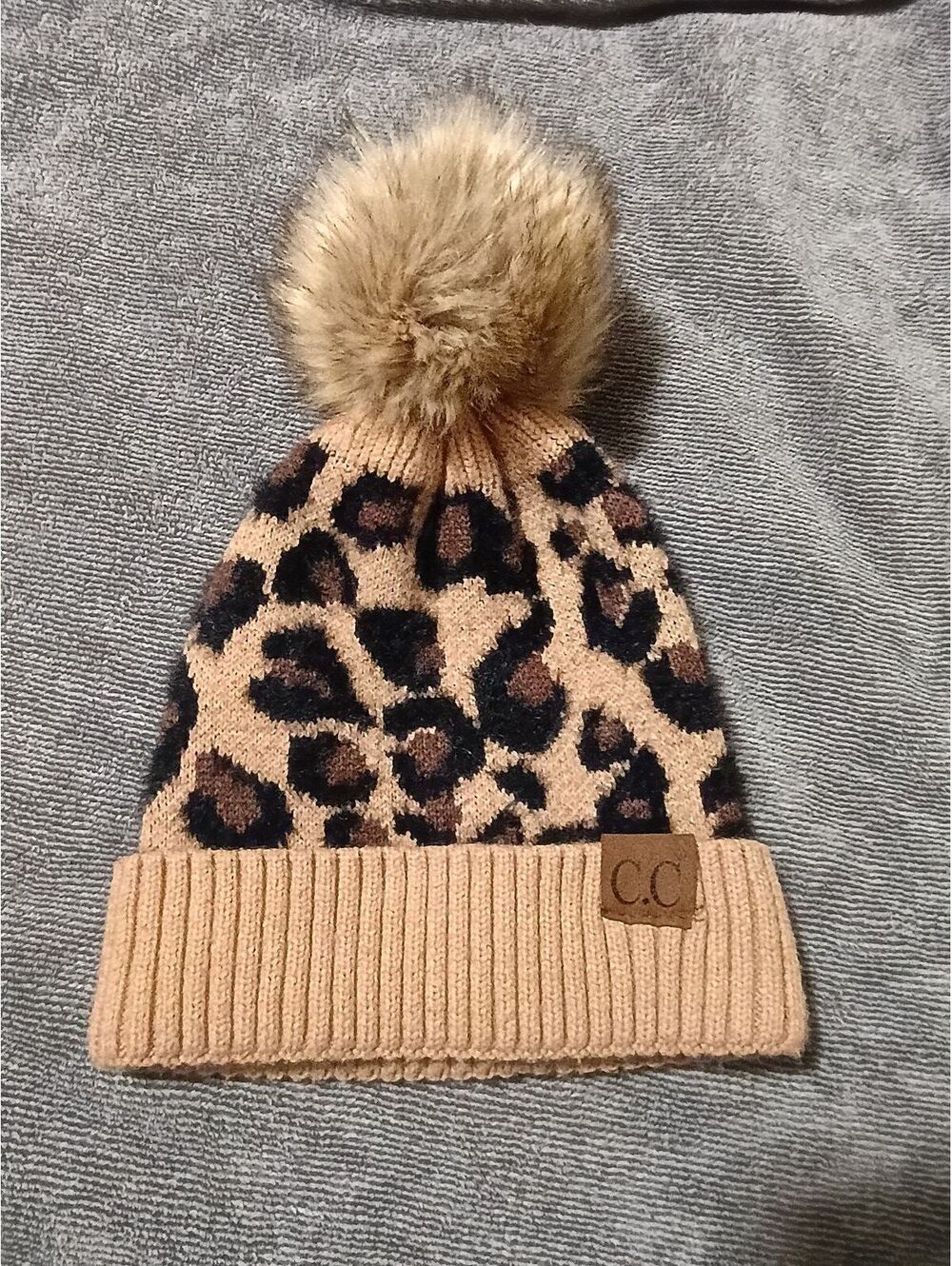 C.C Leopard Print Knit Beanie Hat with Faux Fur Pom Pom